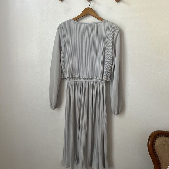 60s silver pleat‎ womens dress midi blouson chiffon long sleeve disco retro M - Picture 8 of 9
